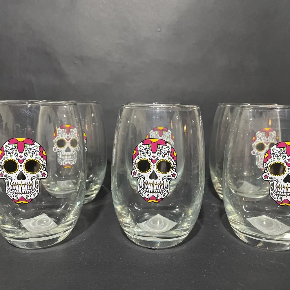 Cristar Day Of The Dead White Skull, Mikonos Stemless Glasses (Lot Of 6) NEW - Picture 2 of 8